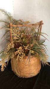 lot 1147 image: Dried Floral Arrangement with Wood Trellis and Woven Basket Planter 20 inches tall