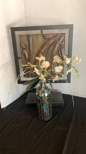 lot 1148 image: Decorative Wall Art Panel with Abstract Swirl Design Gray Frame 18 inches tall and vase with faux plant