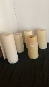 lot 1151 image: Pillar Candles Lot of 5 Cream and Tan Unscented 8 inches and smaller