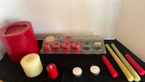 lot 1161 image: Candle Lot Red Cream Pillar Taper Tea Light Container