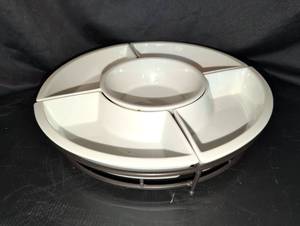 lot 1222 image: 13 inch White Divided Appetizer Tray with Center Bowl and Metal Stand