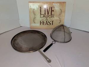 lot 1231 image: Kitchen Utensil Lot with Skimmer, Strainer and Live Laugh Feast Wood Sign