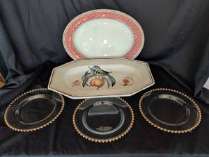 lot 1252 image: 19-In made in Italy platter, gold trimmed plates, and  17 in oval platter