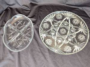 lot 1253 image: Cut Glass Serving Dishes 2-Piece Lot. 14 inch Floral Star Pattern and divided tray