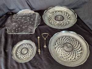 lot 1254 image: Glass Dish Set. Tiered server and pieces, and cheese shaped dish