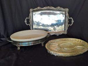 lot 1263 image: Servers. California pottery, solid brass with glass, and silvertone tray made in Mexico
