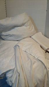 lot 1300 image: Lot of 2 White Quilted mattress pads - (Cant find sizes) and a rubber sheet