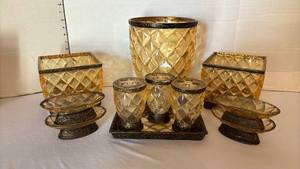 lot 1311 image: Amber Glass Vanity Set with Metal Mounts 11 Pieces
