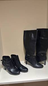 lot 1436 image: Franco Sarto Black Leather Block Heel Boots 7.5 and Ralph Lauren Black Leather Boots 7