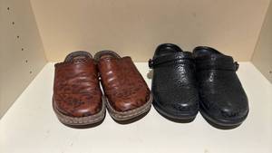 lot 1447 image: 2 Pairs Clogs Mules Born Brown and Dansko Black Embossed Floral size 7 38 Brown Borns need glued at heel