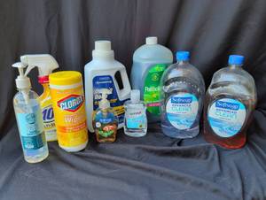 lot 2027 image: Cleaning Supplies Lot Hand Sanitizer, Disinfectant Wipes, Floor Cleaner, Hand Soap, Dish Soap