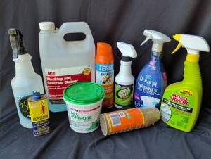 lot 2030 image: Cleaning Supplies Lot 9 Items ACE Blacktop Concrete Cleaner Ronsonol Downy Mold Armor