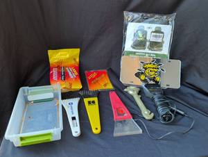 lot 2036 image: Car Tools Lot Brushes, Scrapers, License Plate Frame, Storage and more
