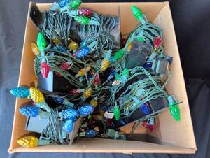 lot 2046 image: LED String Lights Multicolor Faceted Bulbs Green Wire Multiple Strands