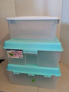lot 2114 image: 2 Jumbo Storage Boxes 18.5L x 18.75W x 8H and 18 qt tote