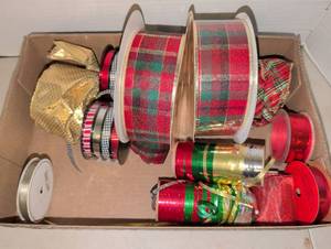 lot 2211 image: Decorative Ribbon Spools Lot Holiday Plaid Metallic Assorted Widths