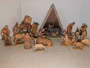 lot 2216 image: Carved Nativity Scene Figurine Set with Tent Stable and Animals ANRI Italy