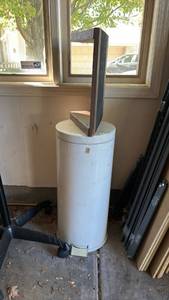 lot 2507 image: White Pedal Trash Can - foot pedal doesnt work.  with Wooden slant board