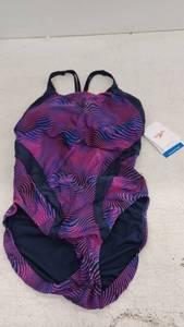 lot 10638 image: Speedo Womens One-Piece Swimsuit Purple Wavy Print, Size 14