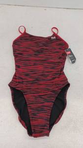 lot 10694 image: TYR Size 30 Red and Black Striped One Piece Swimsuit
