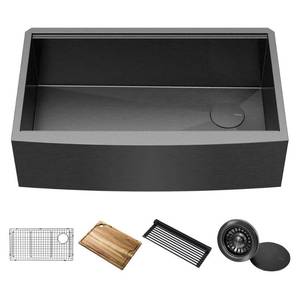 lot 64 image: Kraus Kore Workstation 33 inch Farmhouse Apron Front 16 Gauge Stainless Steel Single Bowl Kitchen Sink in PVD Gunmetal Finish with Accessories - Retail $749