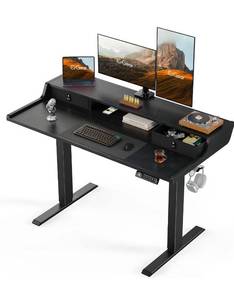 lot 69 image: Electric Standing Desk with Drawers, 48�� x 24�� Gaming Table Compatible Monitor Stand, Stand up Desks, Home Office Height-Adjustable Desk with Storage Shelf - Retail $159