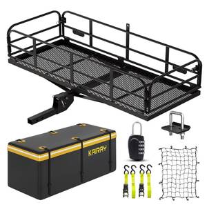 lot 72 image: KAIRAY 500 Lbs Heavy Duty Hitch Mount Cargo Carrier 60x24x14.4 Folding Rear Luggage Rack Basket Fits 2 Receiver for Car SUV Camping Traveling with Stablizer Waterproof Bag Net Ratchet Straps Lock - Retail $270