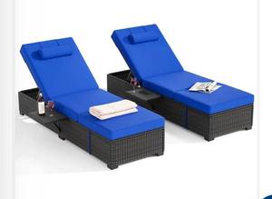 lot 75 image: Garvee Set of 2 Outdoor Chaise Lounge Chairs with Side Table, PE Rattan Recliners with 6-Position Backrest & Blue Cushions for Poolside Patio - Retail $559