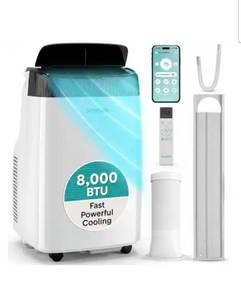 lot 78 image: SereneLife - 8,000 BTU Wi-Fi Portable Air Conditioner with Fan, Dehumidifier, Remote & Window Kit - White - Retail $299
