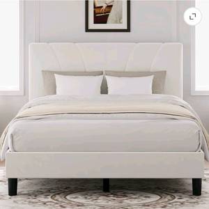 lot 105 image: Novilla King Bed Frame and Headboard, Linen Upholstered King Size Bed Frame with Wood Slats Support, No Box Spring Needed, Heavy Duty Feet, Easy Assembly, White - Retail $224