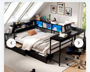 lot 106 image: Corner Bed Frame Full Size, Metal Platform Bed with Integrated Bookcase, 2 Underbed Storage Drawers, LED Lights, Charging Station, Left or Right Interchangeable, Black for Bedroom - Retail $342