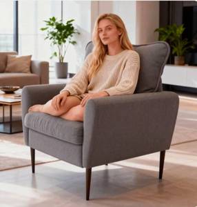 lot 116 image: Sweetcrispy 30-in W Mid-Century Gray Accent Chair Upholsterd Armchair with Wooden Legs and Thick Padded Seat for Living Room - Retail $129
