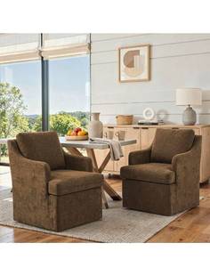 lot 125 image: Upholstered Dining Chairs Set of 2, Accent Chair with Swivel CastersCoffee Chenille Armchair with 4 Casters, Small Dining Room Chairs, For Kitchen Living Room Bedroom Reading Room - Retail $409
