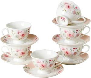 lot 2256 image: 6oz Floral Porcelain Tea Cup & Saucer Set of 6, Pink Rose, Party