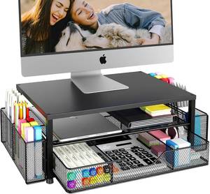 lot 2263 image: OPNICE Desk Organizer, 2-Tier Stand Riser with Drawer, 2-Pen Holders, Black