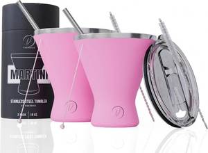 lot 2300 image: Mothers Day Gift for Mom - 2 Pink Stainless Steel Martini Glasses, 10oz