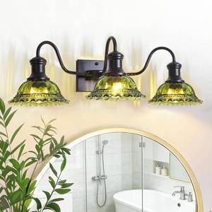 lot 2316 image: $90 Vintage Vanity Lights 3-Light, Black with Green Shade Fixtures Over Mir