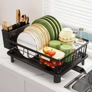 lot 2318 image: Dish Drainer Rack with Drip Tray, Cup & Utensil Holders, Black