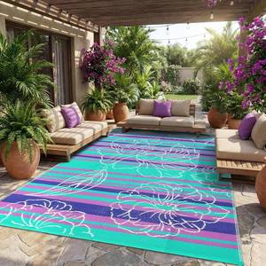 lot 2320 image: $50 Garvee 8x10 Outdoor Waterproof Rug Reversible Straw Patio Rug Purple&Bl