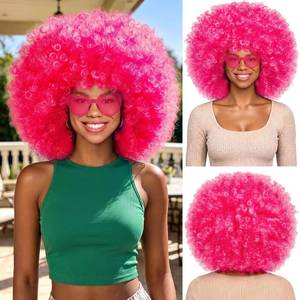 lot 2377 image: MEEZY Hot Pink Curly Afro Wig with Heart Sunglasses, Large, Synthetic Hair