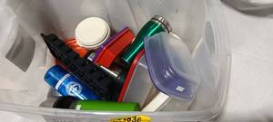 lot 34836 image: Variety of Kitchen plastic ware with lids, Ice tray, Variety of to-go cups with lids