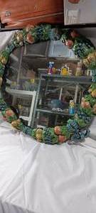 lot 34852 image: Round mirror with fruit frame, Toilet cushion seat with straps