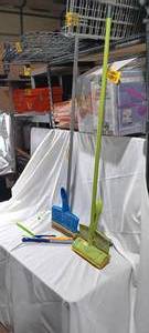 lot 34868 image: Two-floor sponge mops, window squeegee, and Swiffer duster handles