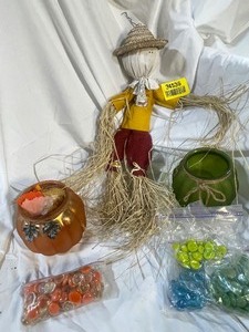 lot 34536 image: Fall Festive Scarecrow and Glass Pumpkin Candle Holders wcolorful beads