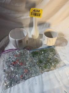 lot 34568 image: Decorative glass with colorful glass beads and vintage glass vase