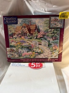 lot 34571 image: vintage paint by color and three large blank canvas boards