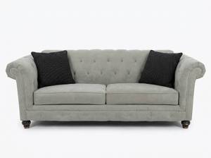 lot 3603 image: Chesterfield Sofa Light Gray Linen Two-Seat Rolled Arm