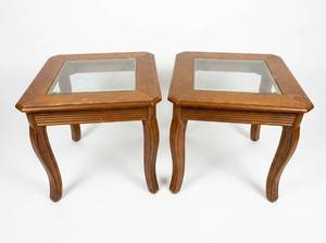 lot 3615 image: Pair of Wood End Tables with Glass Top Inserts
