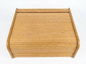 lot 3646 image: Wooden Roll-Top Storage Compartment with VHS Tapes
