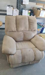 lot 3656 image: Beige Upholstered Massaging Recliner Chair w Footrest (Missing part of Power Cord)